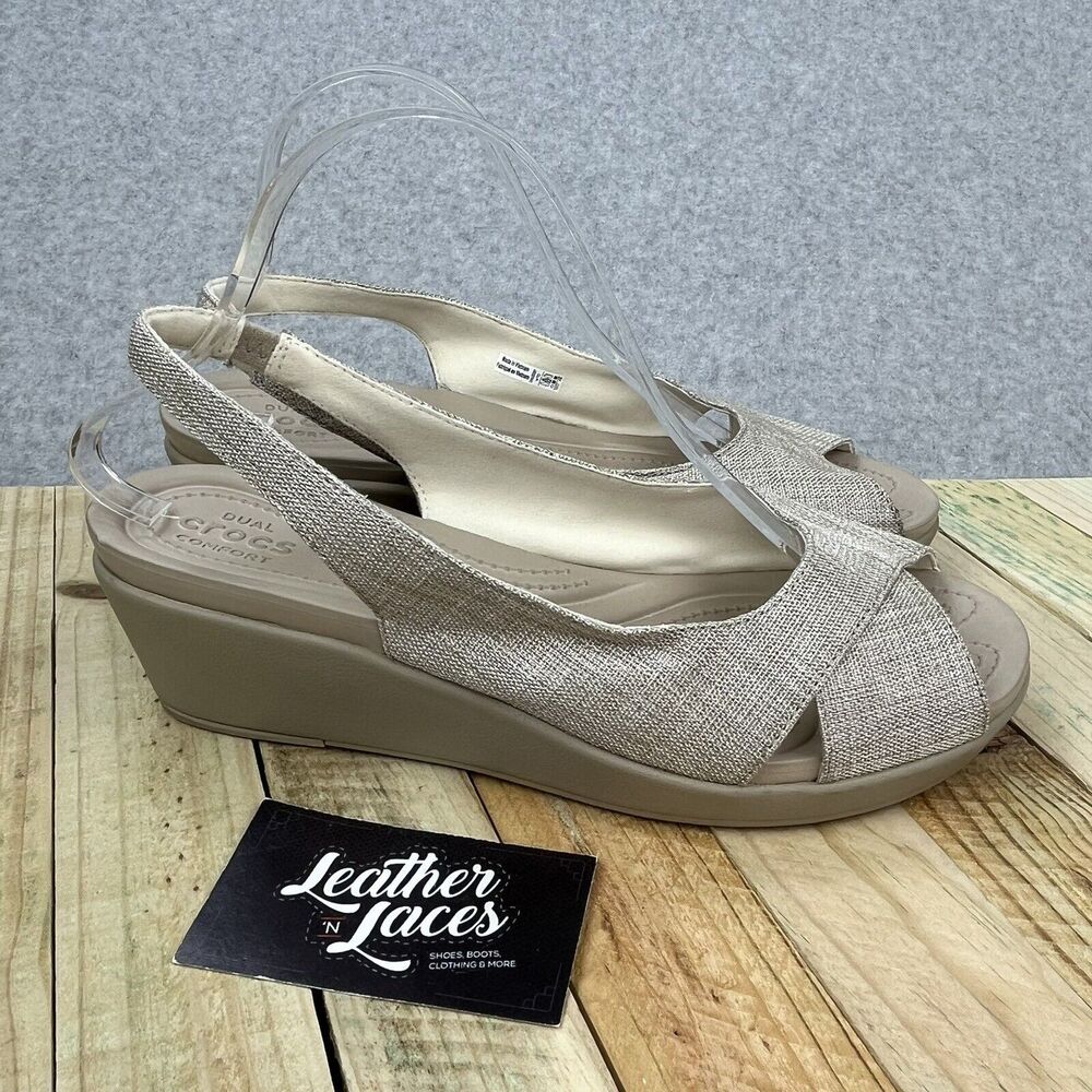 Crocs Leigh Ann Slingback Wedge Heels Womens Sz 10 Beige Fabric Sandals 205261